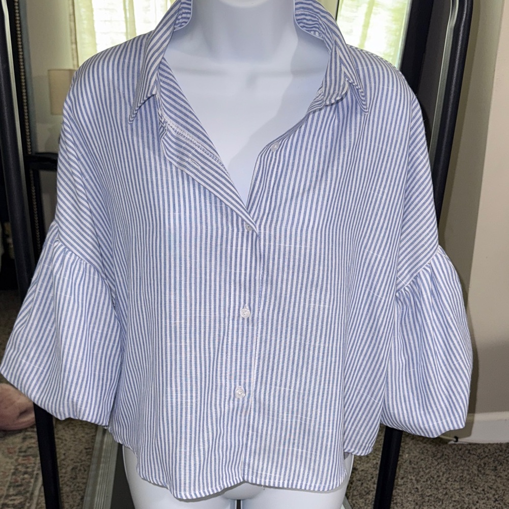 Relaxed Blue and White Striped Button-Front Women's Shirt